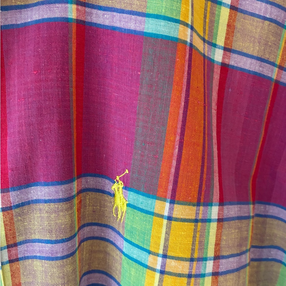 Vintage Ralph Lauren Madras Plaid Long Sleeve Shirt Orange Pink Yellow Blue L - Picture 5 of 7